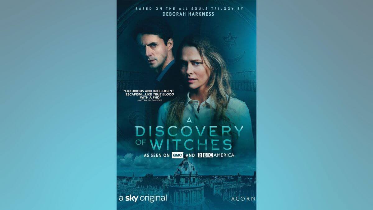 A Discovery of Witches season 1 review featured image showing a Sky promotional poster and a blue gradient background.