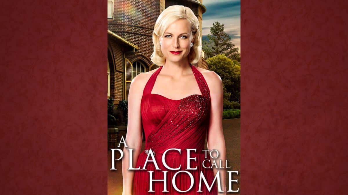 A Place to Call Home Season 1 poster with Marta Dusseldorp as Sarah wearing a red dress.