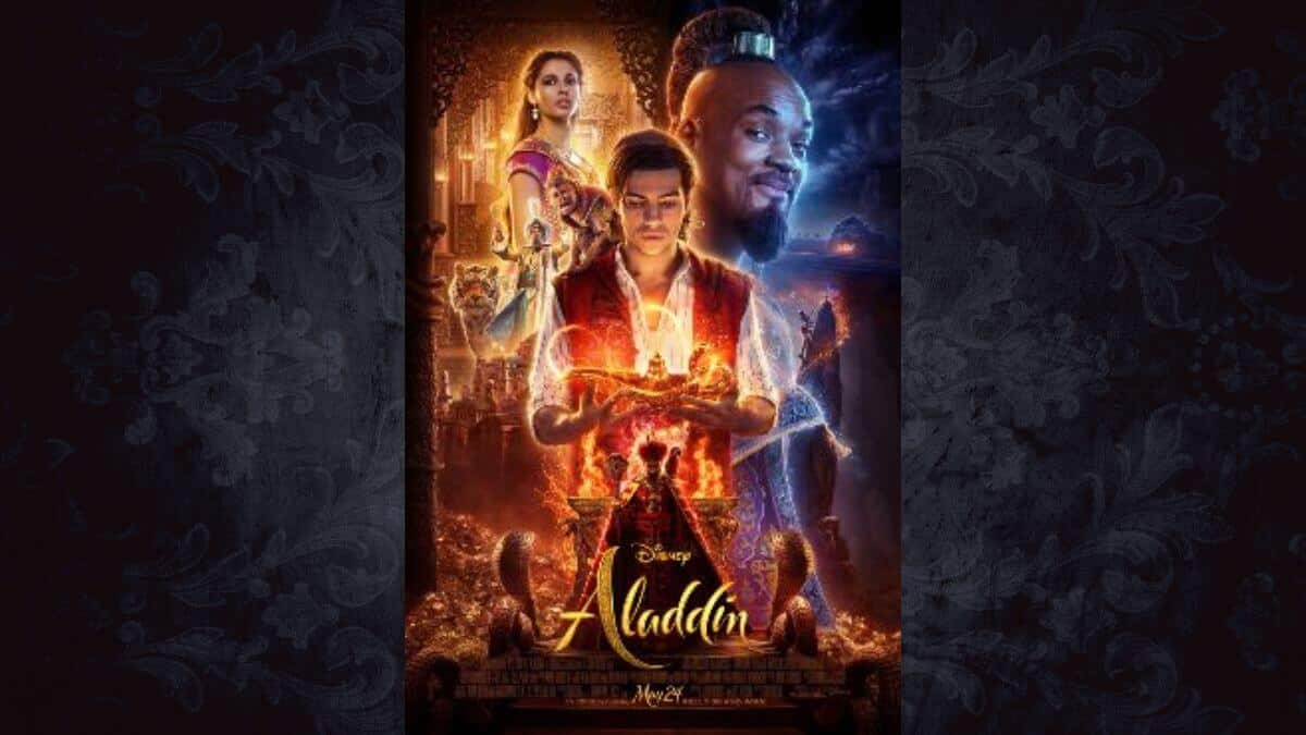 Aladdin Movie Review featured image showing the official movie poster with Aladdin holding the genie lamp