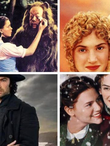 amazing books that inspired period dramas featured image showing a collage of The Wizard of Oz, Sense and Sensibility, Poldark, and Little Women