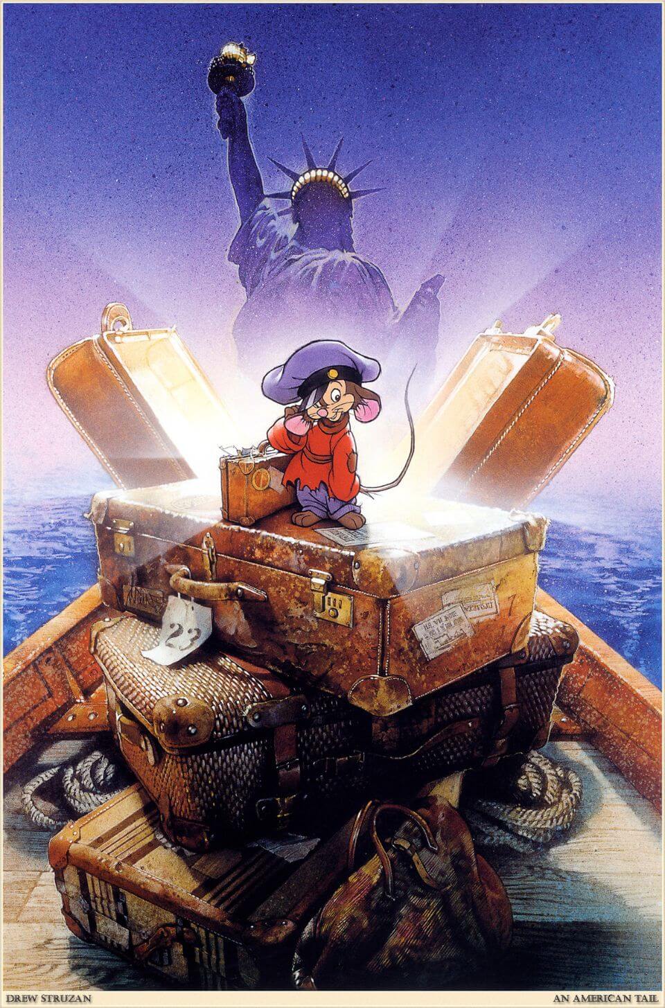 An American Tail promotional art with Fievel and the Statue of Liberty