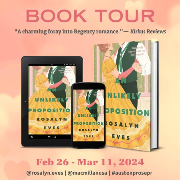 An Unlikely Proposition Book Tour graphic. The dates show February 26 to March 11, 2024.