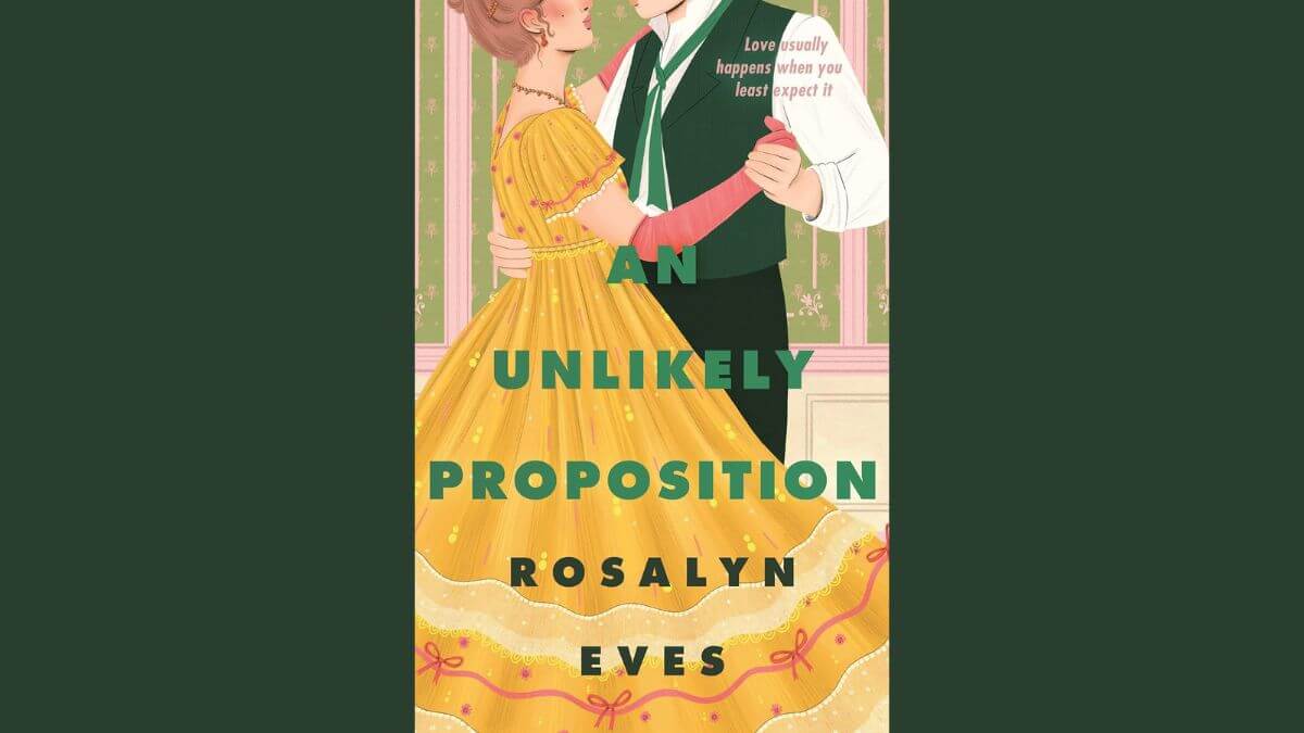 An Unlikely Proposition book cover with a green background.