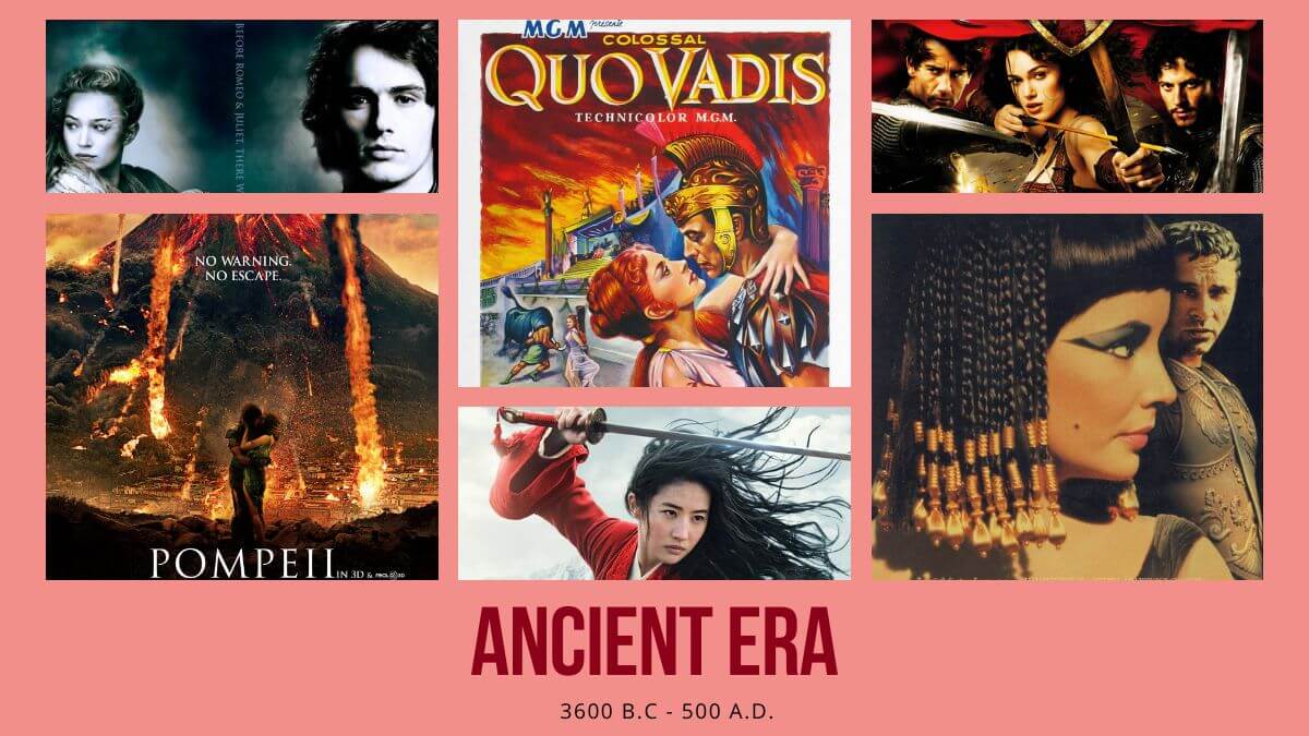 Ancient Period Drama Reviews (3600 B.C – 500 A.D.) Shows a collage of period dramas with Quo Vadis movie poster in the center.