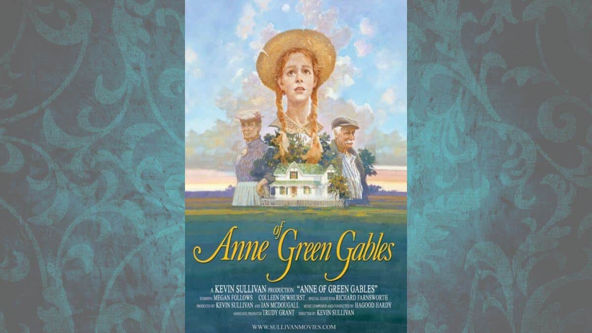 Anne of Green Gables poster with aqua Victorian background