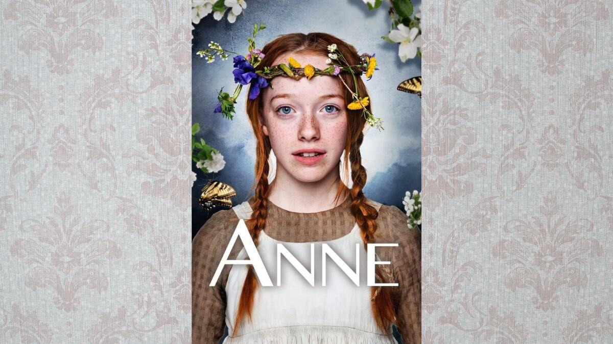 Anne with an E TV poster that says "Anne" with a light Victorian background