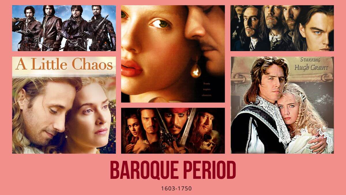 The Baroque Period Drama Reviews (1603 -1750). Photo shows a collage of period dramas and a pink background.