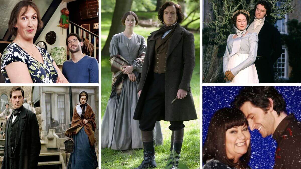 best britbox shows with romance featured image with collage of British shows including Jane Eyre in the center.