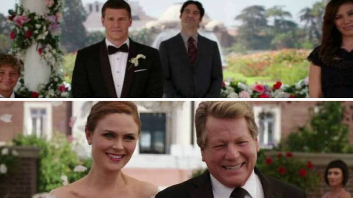 Booth and Brennan at their wedding