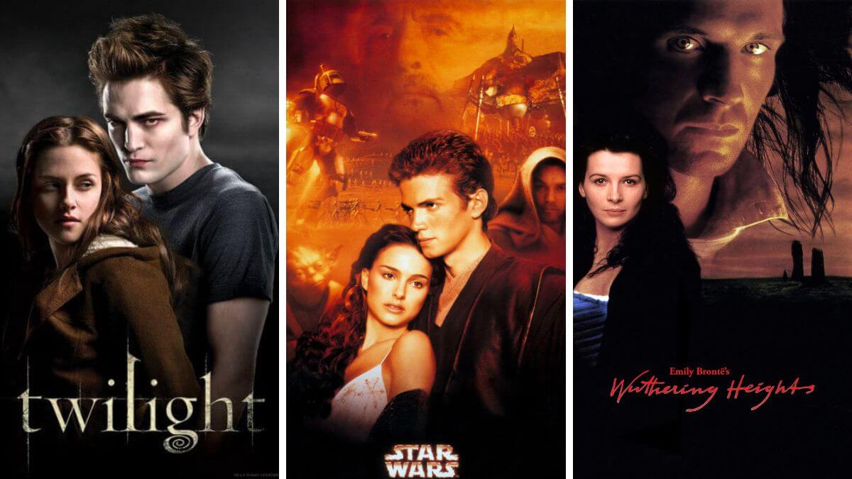 Byronic Hero collage of Twilight, Star Wars Episode II, and Wuthering Heights.