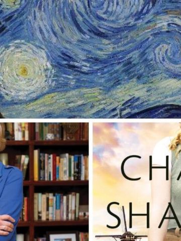 Featured image including Van Gogh's Starry Night, Author Lynn Austin photo, and book cover of Chasing Shadows.