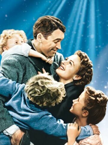 christmas movie trivia questions and answers printable article; the featured image is a collage of Christmas movies with It's a Wonderful Life in the center.