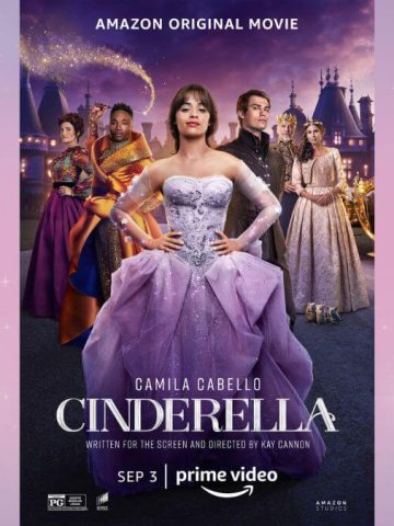 Cinderella 2021 Review image. The photo shows the Amazon Video Cinderella poster with the entire cast and a fairy star background