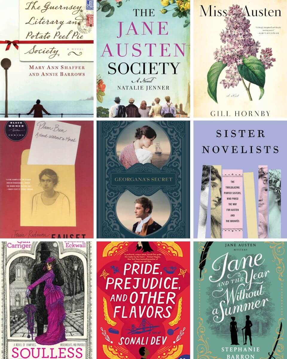 collage of book covers of books and authors like jane austen