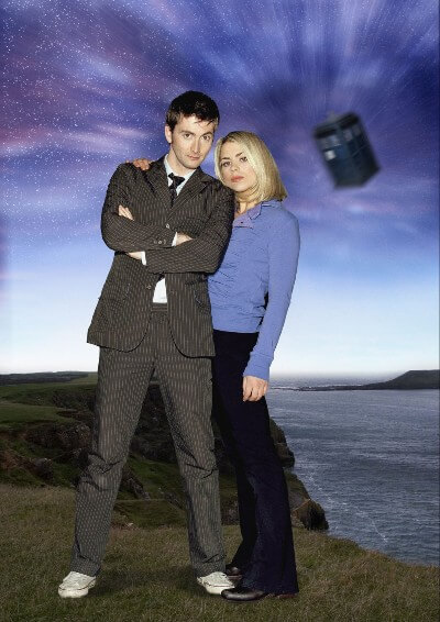 Doctor Who the Doctor and Rose promo photo with Tardis in the background