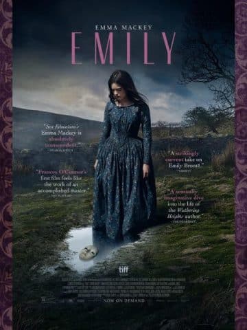 Emily Movie Poster with purple Victorian background. Emily wears a blue dress walking on the moors.