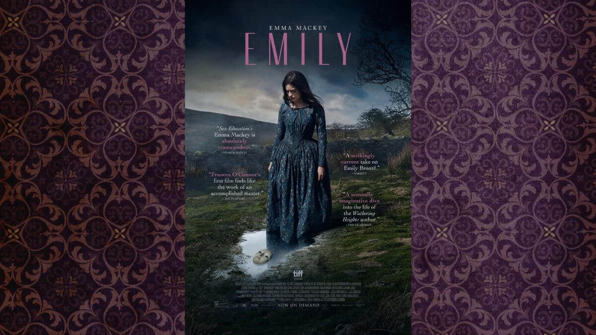 Emily Movie Poster with purple Victorian background. Emily wears a blue dress walking on the moors.