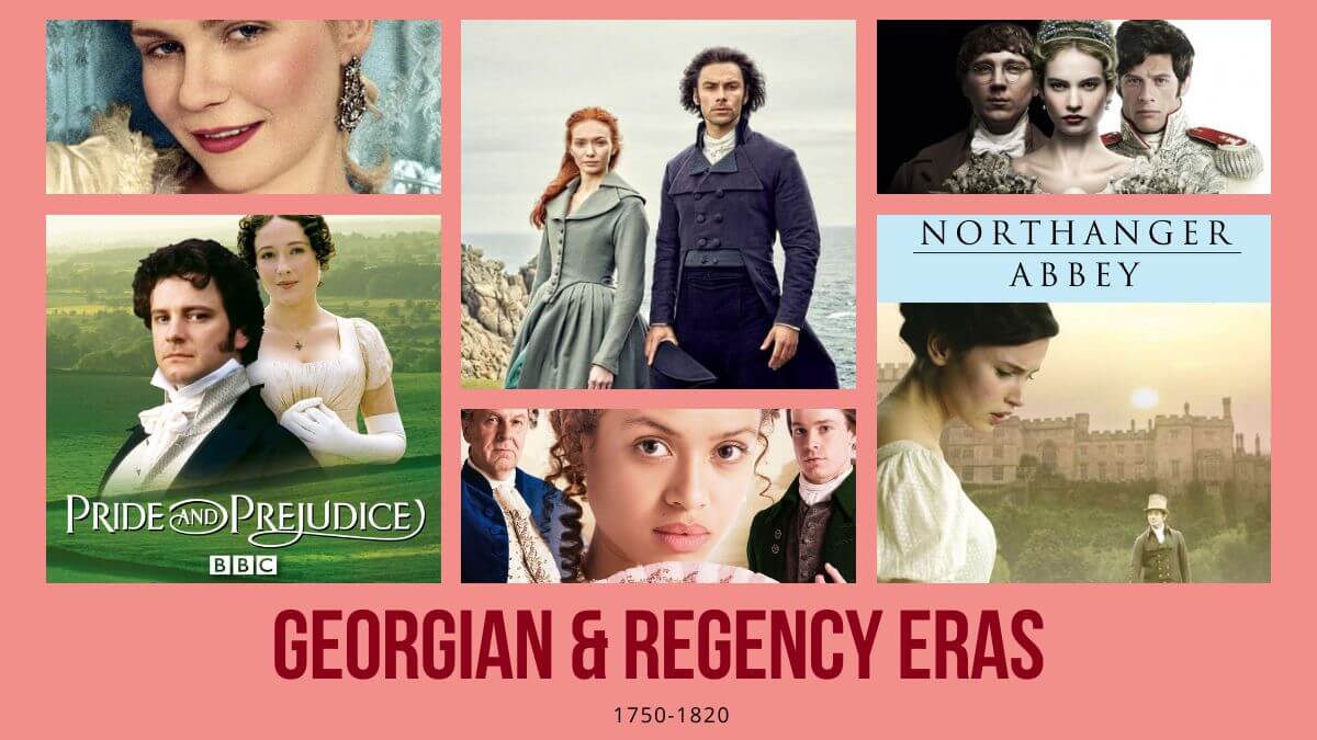 The Georgian and Regency Eras (1750-1820) Period Drama Reviews. Photo shows a collage of period dramas with a pink background.