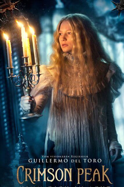 Crimson Peak poster. Shows a young woman wearing a Victorian nightgown with candles in a gothic setting.