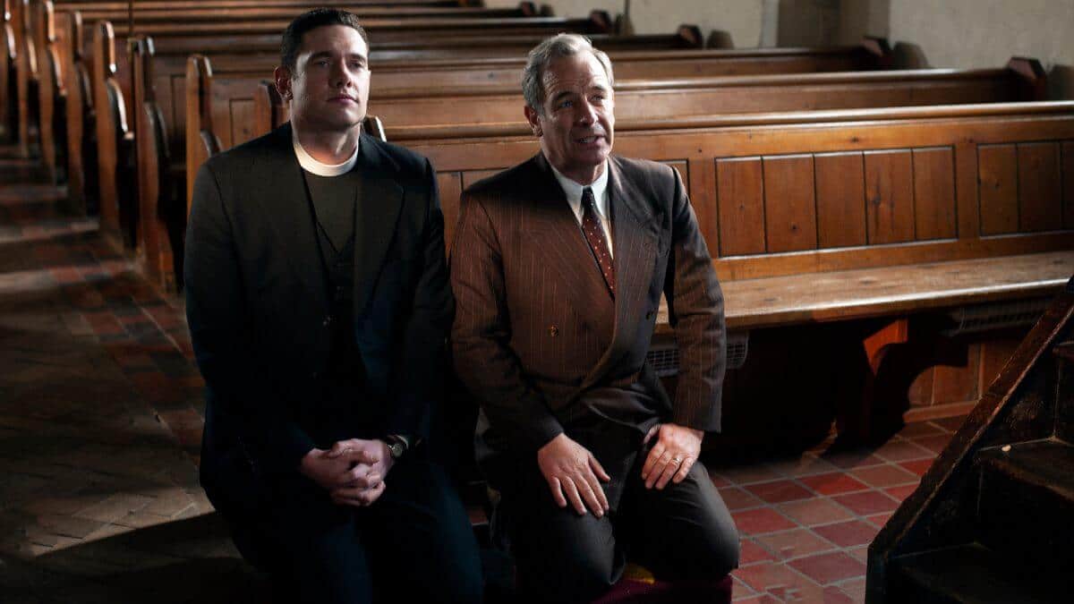 Tom Brittney as Rev. Will Davenport and Robson Green as DI Geordie Keating in Grantchester season 6.