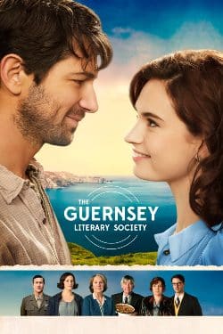 The Guernsey Literary and Potato Peel Pie Society movie poster showing a couple smiling at each other. The supporting cast are shown below.