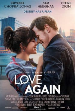 Love Again poster of Priyanka Chopra Jonas and Sam Heughan in a romantic embrace.