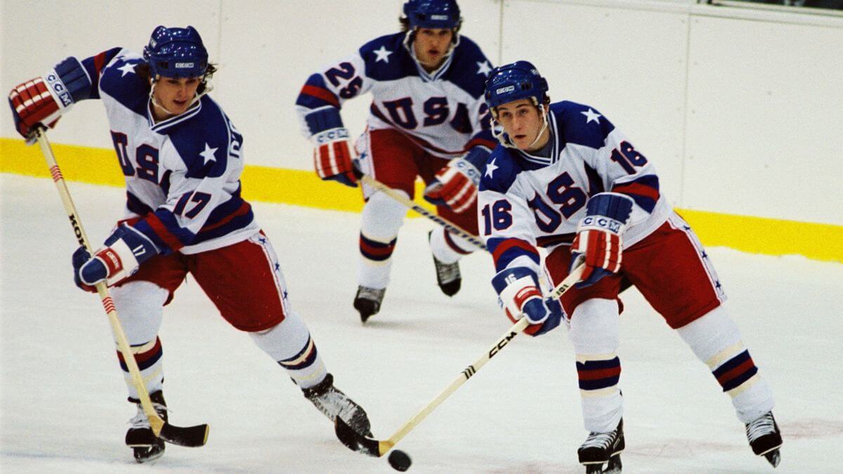 Miracle movie publicity still of hockey players