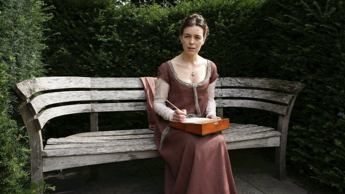 Miss Austen Regrets 2007 still with Jane Austen sitting on a bench