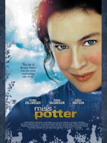 Miss Potter poster with blue background. Renee Zellweger is in the center of the photo with magical snow around her. Lots of blue and silver colors.