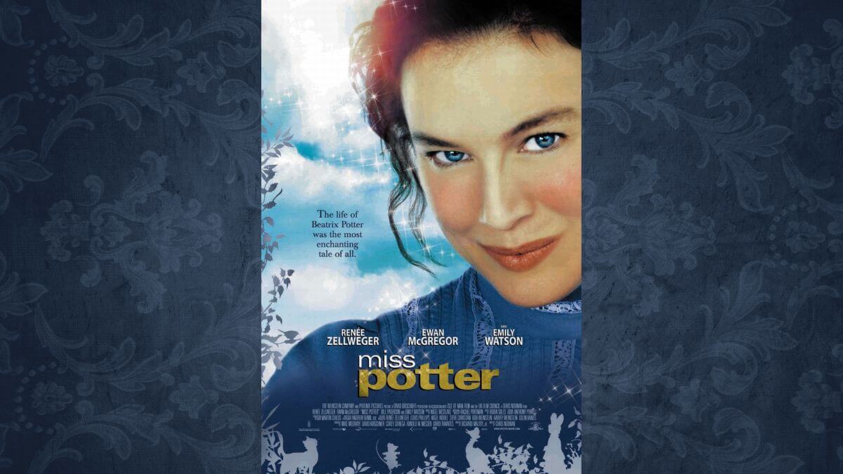 Miss Potter poster with blue background. Renee Zellweger is in the center of the photo with magical snow around her. Lots of blue and silver colors.