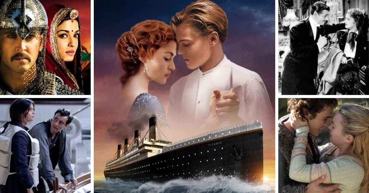 Movies Like Titanic featured image; collage of romance movies including Titanic, Jodhaa Akbar, San Francisco, and Tristan and Isolde