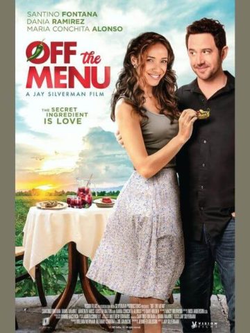 Off the Menu Review with featured image showing the movie poster (a couple together) and a greenish background.