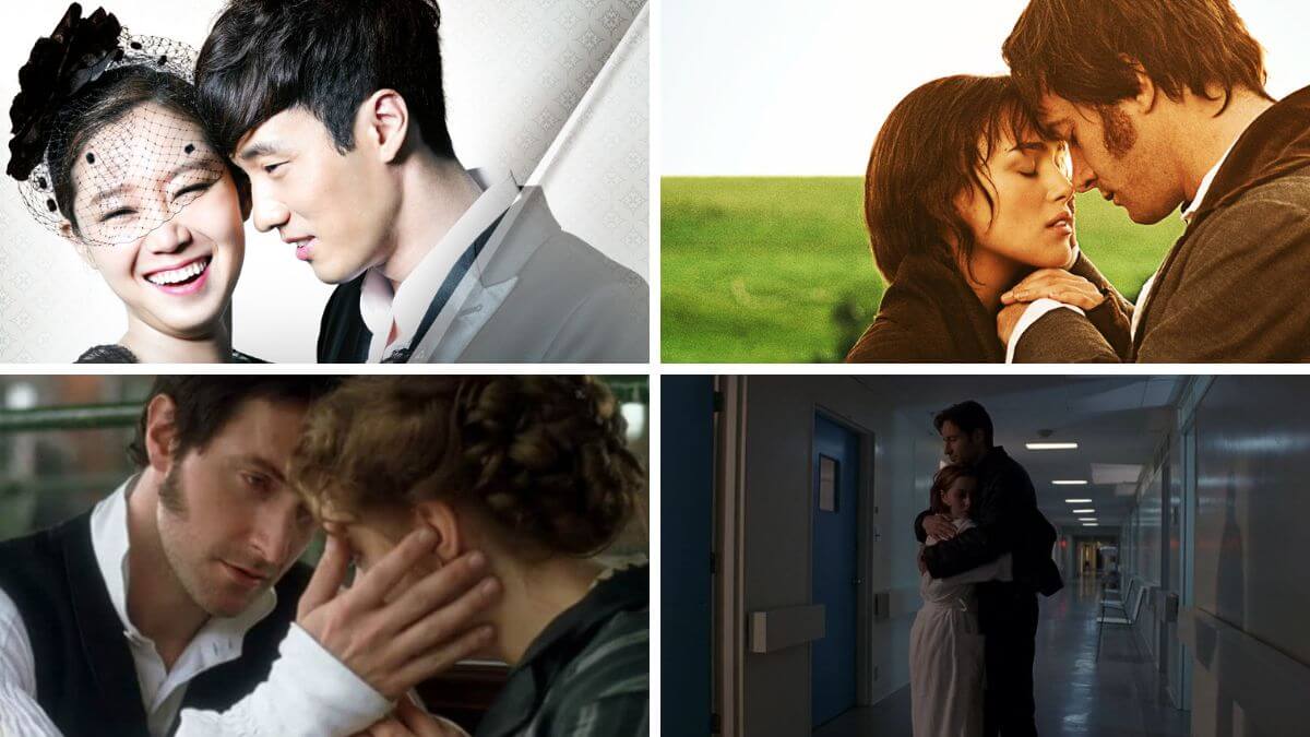 Collage of Master's Sun, Pride and Prejudice 2005, North and South, and The X Files (Scully and Mulder hugging)