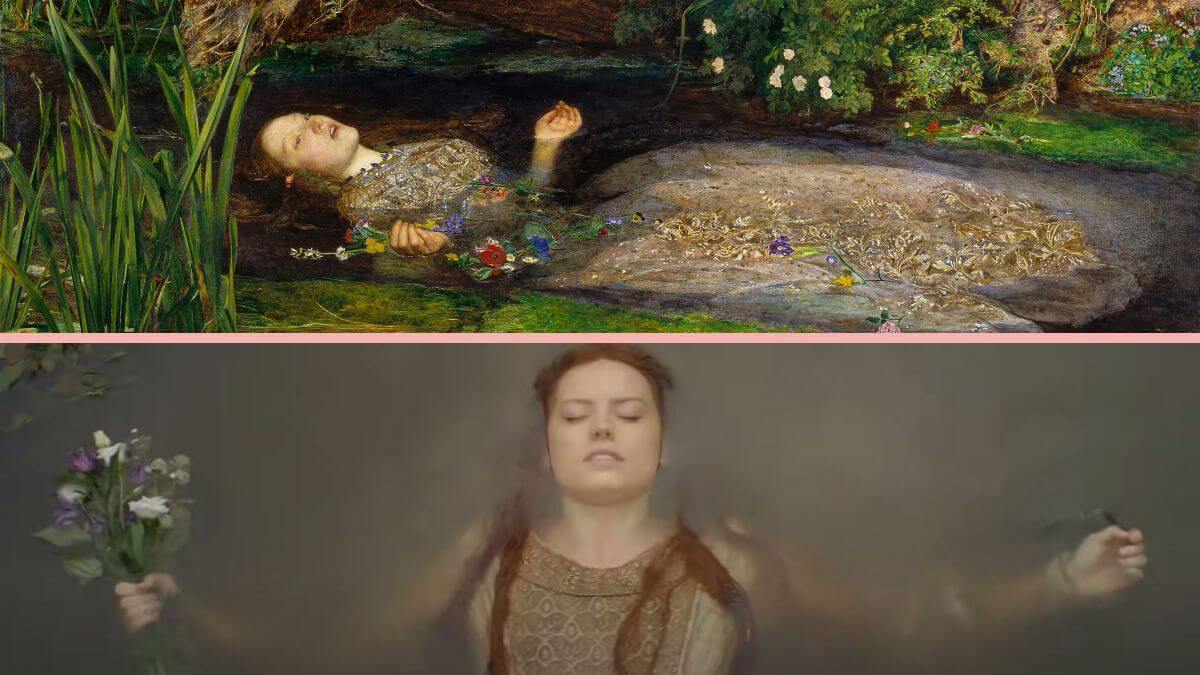 Ophelia Painting and Movie Screenshot showing the comparison between the painting and the movie. Both images show a young woman floating in water holding flowers.