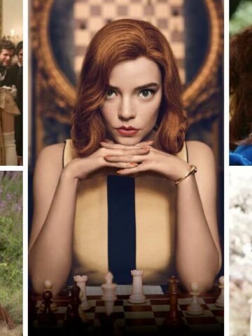 best period dramas on netflix 2022 featured image collage with The Queen's Gambit as the center photo.