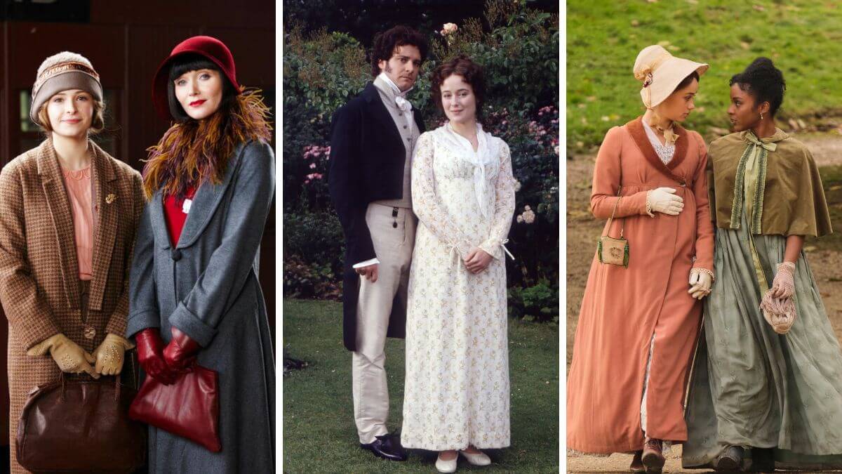 Period dramas streaming social image with collage of Miss Fisher, Pride and Prejudice, and Sanditon.