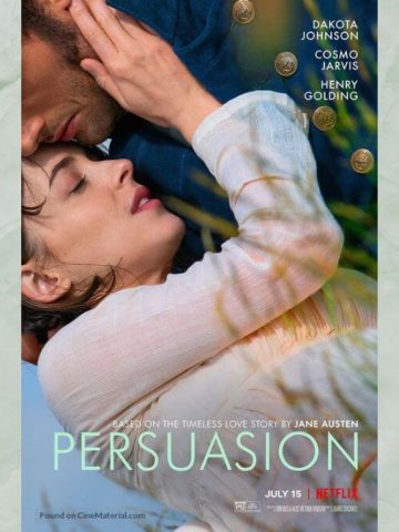 Persuasion 2022 review image; it shows official poster of an intimate Regency couple.