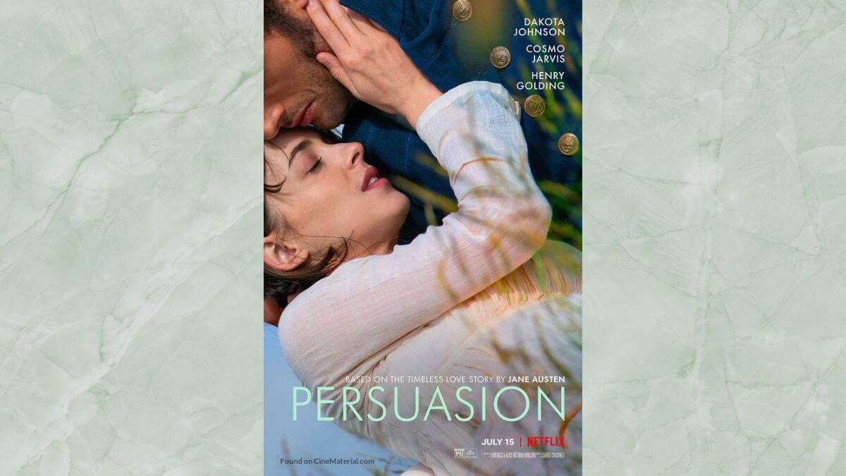 Persuasion 2022 review image; it shows official poster of an intimate Regency couple.