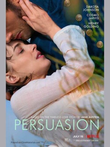 Persuasion 2022 everything we know; it shows official poster of an intimate Regency couple.