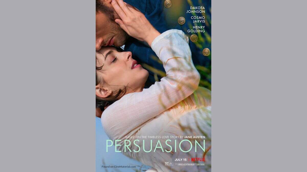 Persuasion 2022 everything we know; it shows official poster of an intimate Regency couple.