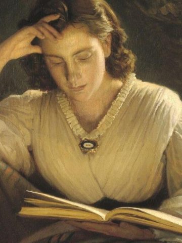 Classic painting of a young woman reading a book.