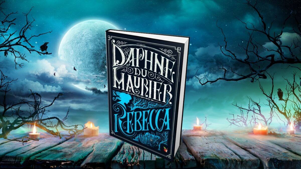 Rebecca book cover with atmospheric Halloween background