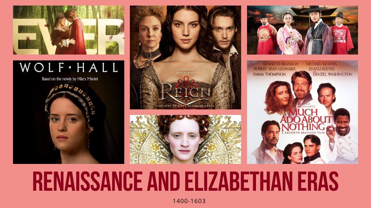 The Renaissance and Elizabethan Era (1400-1603) Period Drama Reviews. Picture shows a collage of period drama posters like Reign with a pink background.