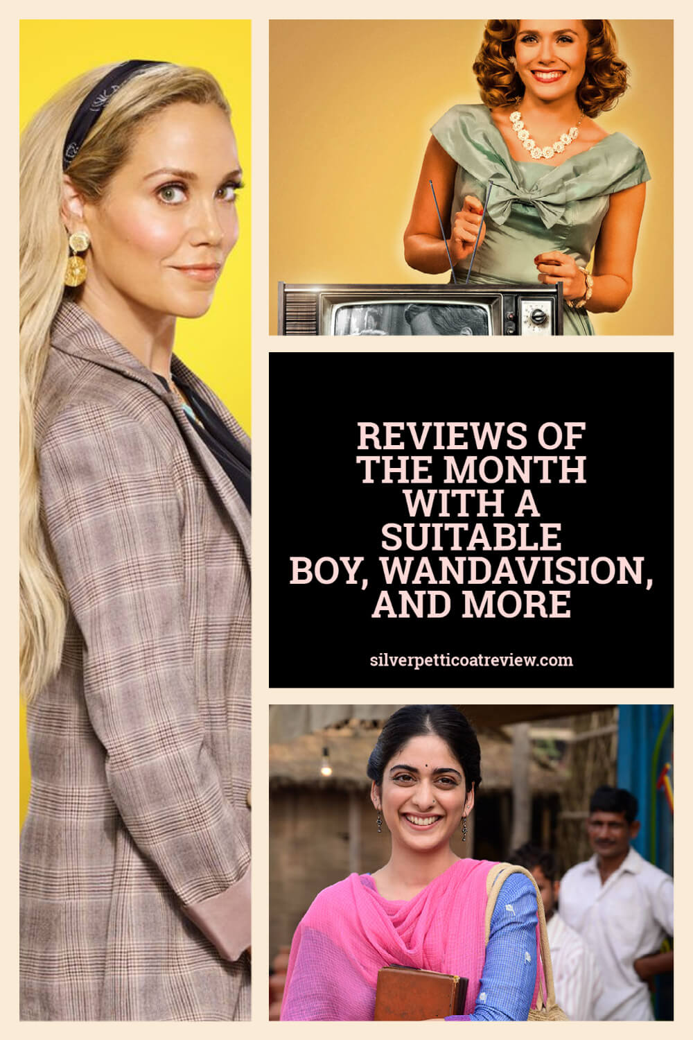 Reviews of the Month collage with WandaVision, A Suitable Boy, and Saved by the Bell 2020; pinterest image