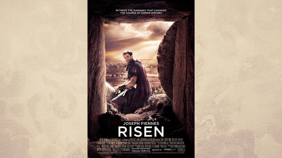 Risen film review showing movie poster with Joseph Fiennes and a tan Victorian background