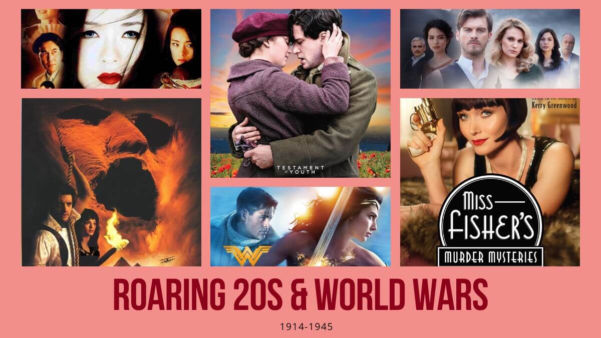 WWI, the Roaring 20s, through WWII Period Drama Reviews (1914-1945). Photo shows collage of period dramas and a pink background.