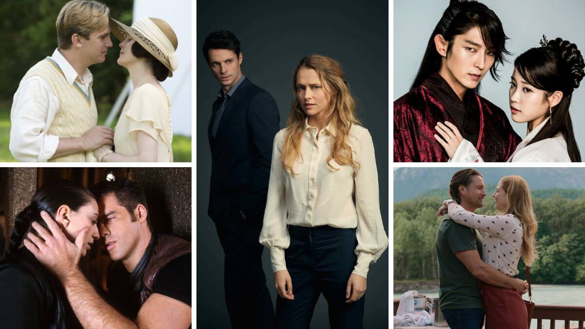 romantic tv shows collage with a discovery of witches in the center