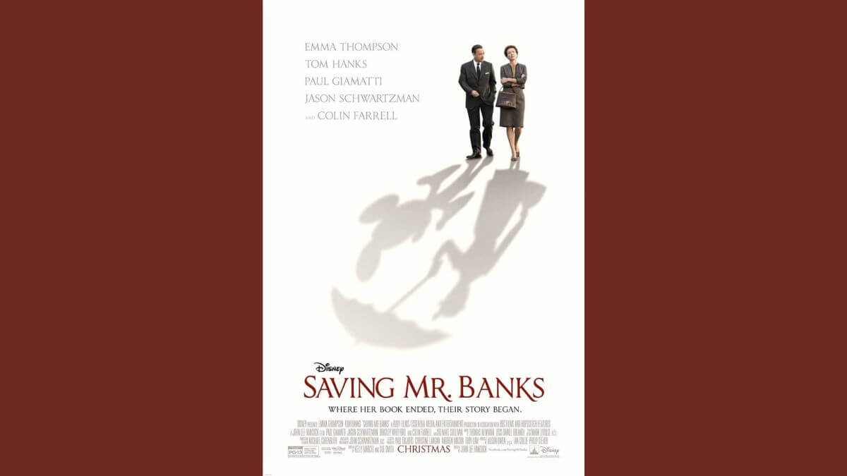 saving mr. banks review featured image showing the movie poster with a reddish background