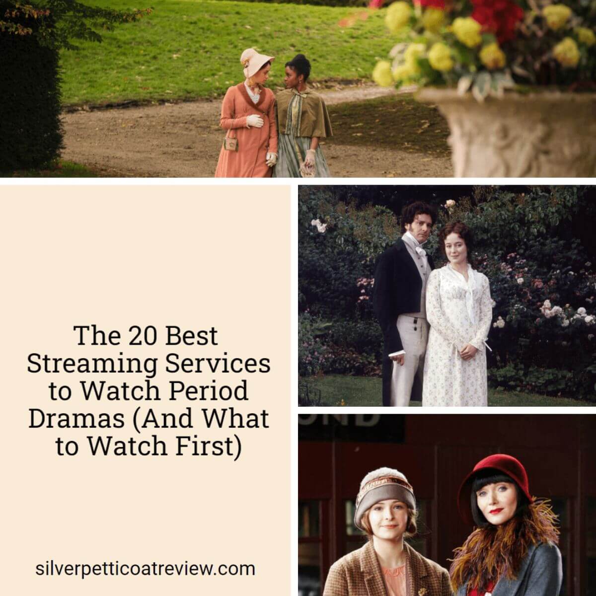 The 20 Best Streaming Services to Watch Period Dramas Instagram image with Sanditon, Pride and Prejudice, and Miss Fisher