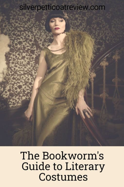 The Bookworm's Guide to Literary Costumes Pin showing Miss Phryne Fisher character wearing a 1920s gold dress.